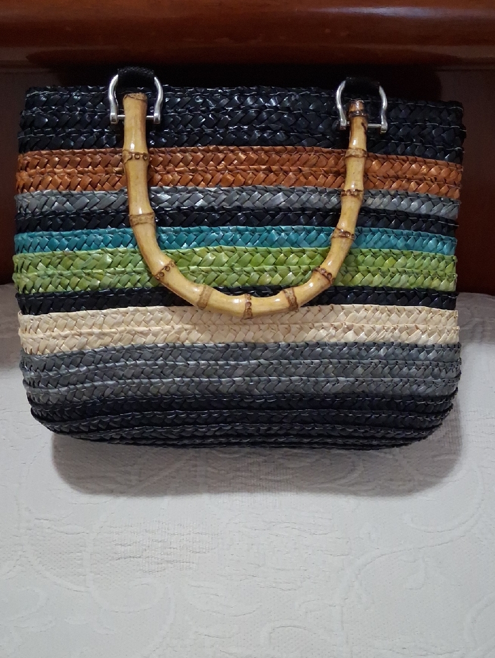 Source Unknown Multicolor Woven Straw Tote with Bamboo Handles